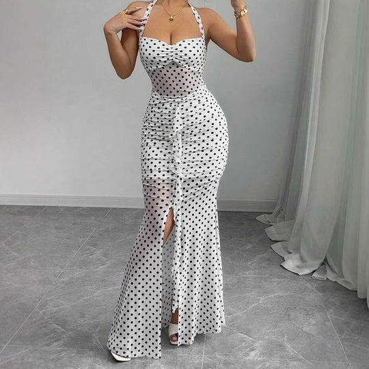Damen Maxikleid mit schickem Pünktchenmuster und elegantem Neckholder EB