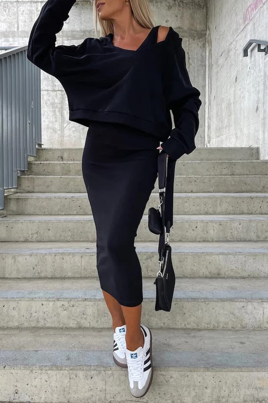 Damen lässiges Set aus cropped Pullover und figurbetonendem Midi-Rock EB