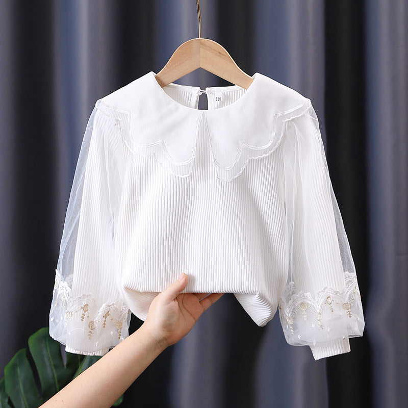 Mädchen Bluse mit romantischen Tüllärmeln und floralem Spitzenbesatz EB