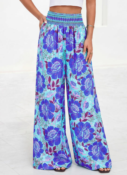 Damen luftige Palazzo-Hose mit floralen Mustern und elastischem Bund EB
