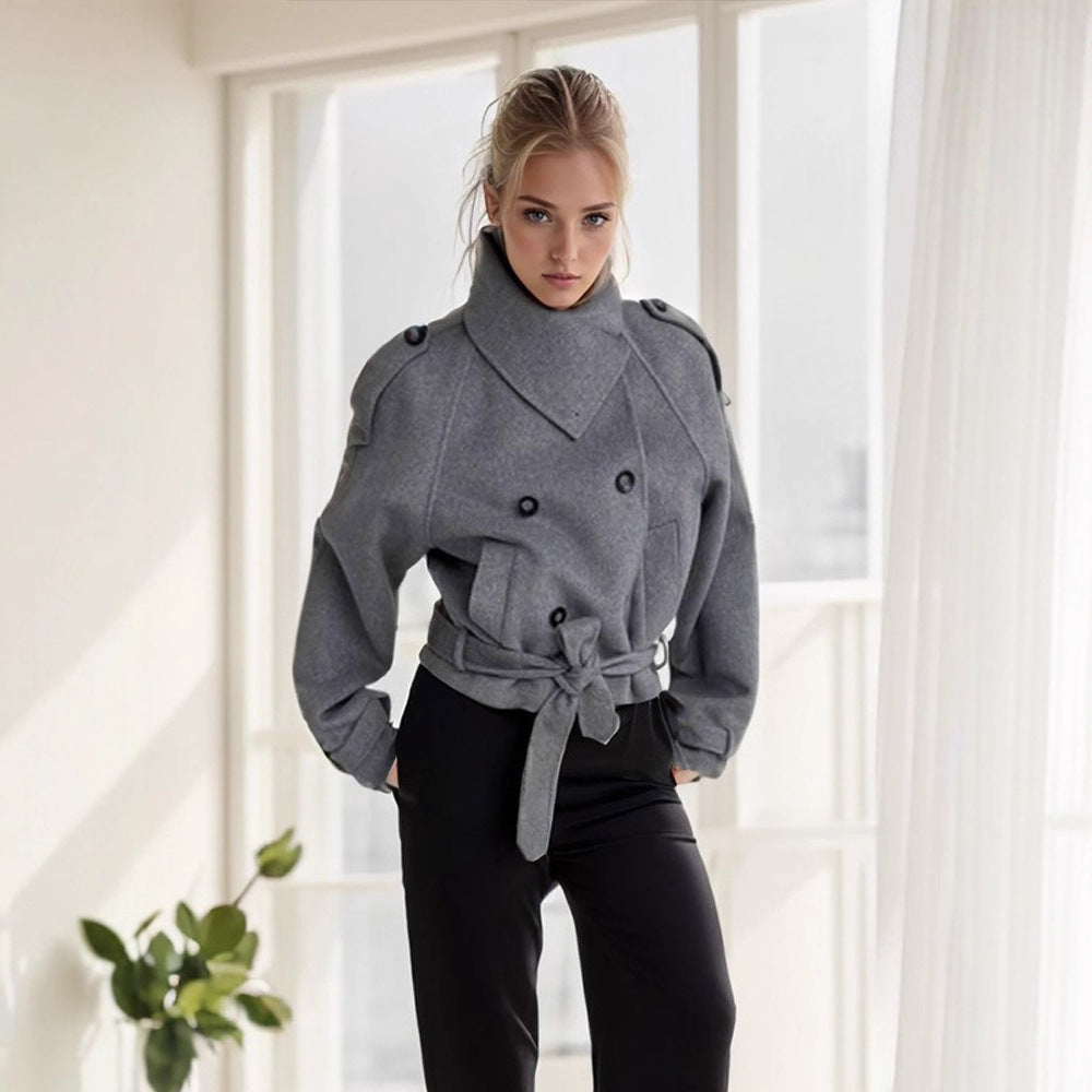 Damen modische Oversized-Wolljacke mit hohem Kragen und Gürtel EB