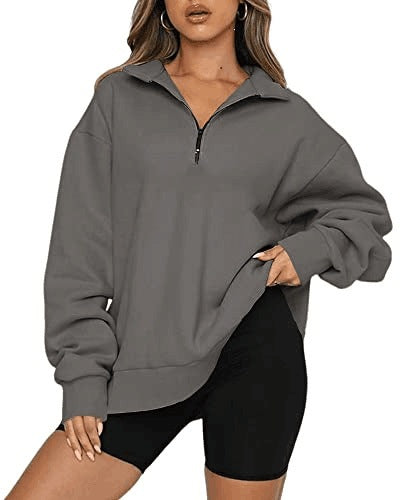 Damen nan oversized Sweatshirt mit halbem Reißverschluss, weichem Fleece-Innenfutter und Kängurutasche EB