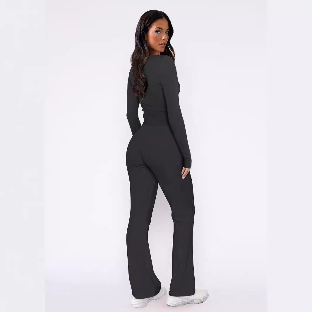Damen bequemes Oberteil mit Knopfleiste und lockerer Hose EB