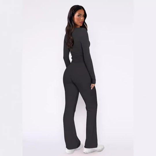 Damen bequemes Oberteil mit Knopfleiste und lockerer Hose EB