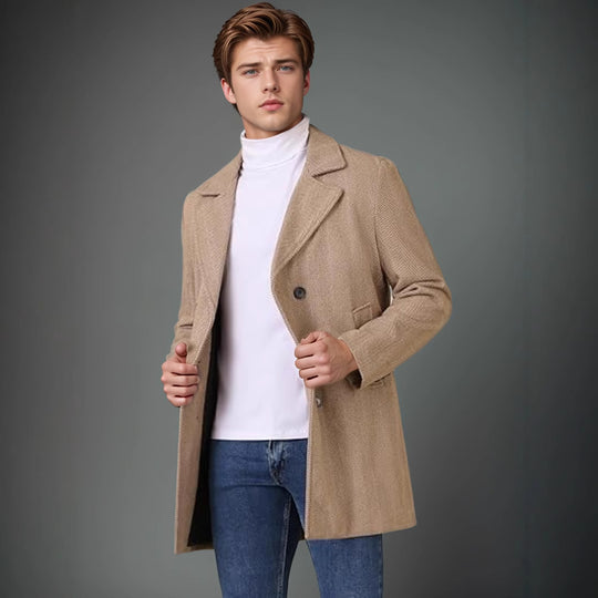 Herren eleganter Doppelreiher-Mantel mit strukturiertem Herringbone-Muster EB