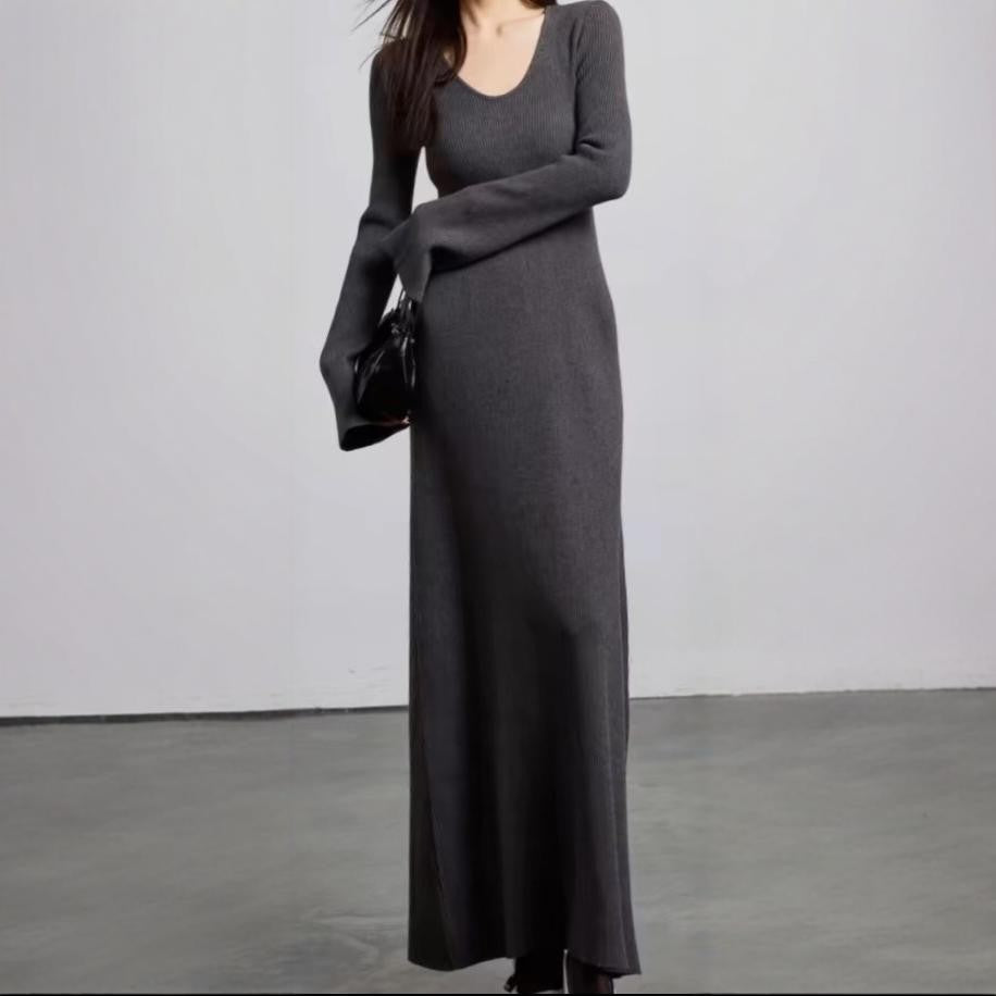 Damen elegantes Maxikleid mit feiner Rippstruktur und V-Ausschnitt EB