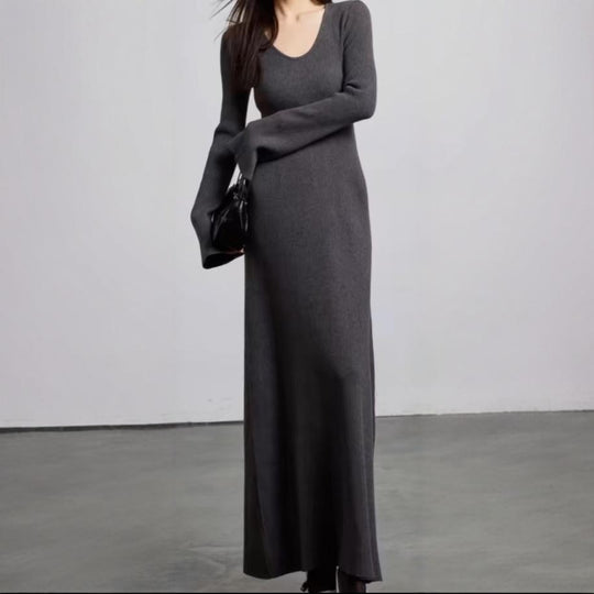 Damen elegantes Maxikleid mit feiner Rippstruktur und V-Ausschnitt EB