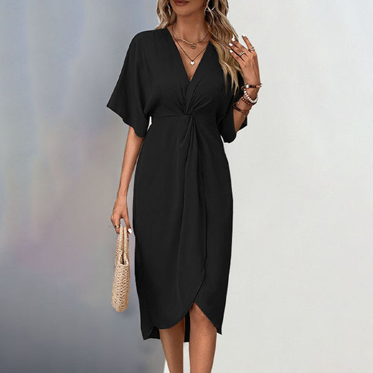 Damen Wickelkleid mit elegantem V-Ausschnitt und voluminösen Ärmeln EB