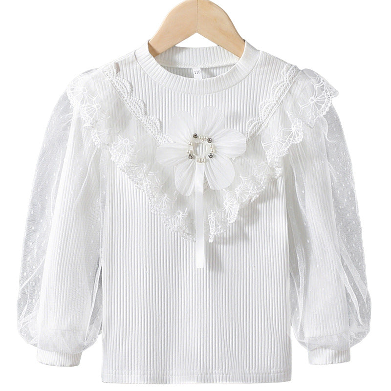 Mädchen Langarmshirt mit elegantem Tüllbesatz und Blumendekor EB