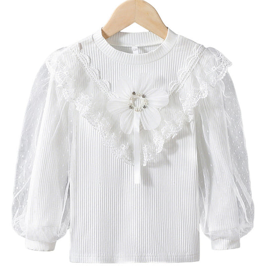 Mädchen Langarmshirt mit elegantem Tüllbesatz und Blumendekor EB