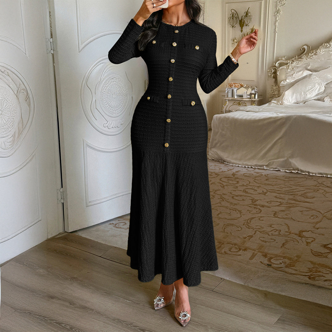 Damen nan tailliertes Maxi-Strickkleid mit durchgehender Knopfleiste und dekorativen Zierknöpfen EB