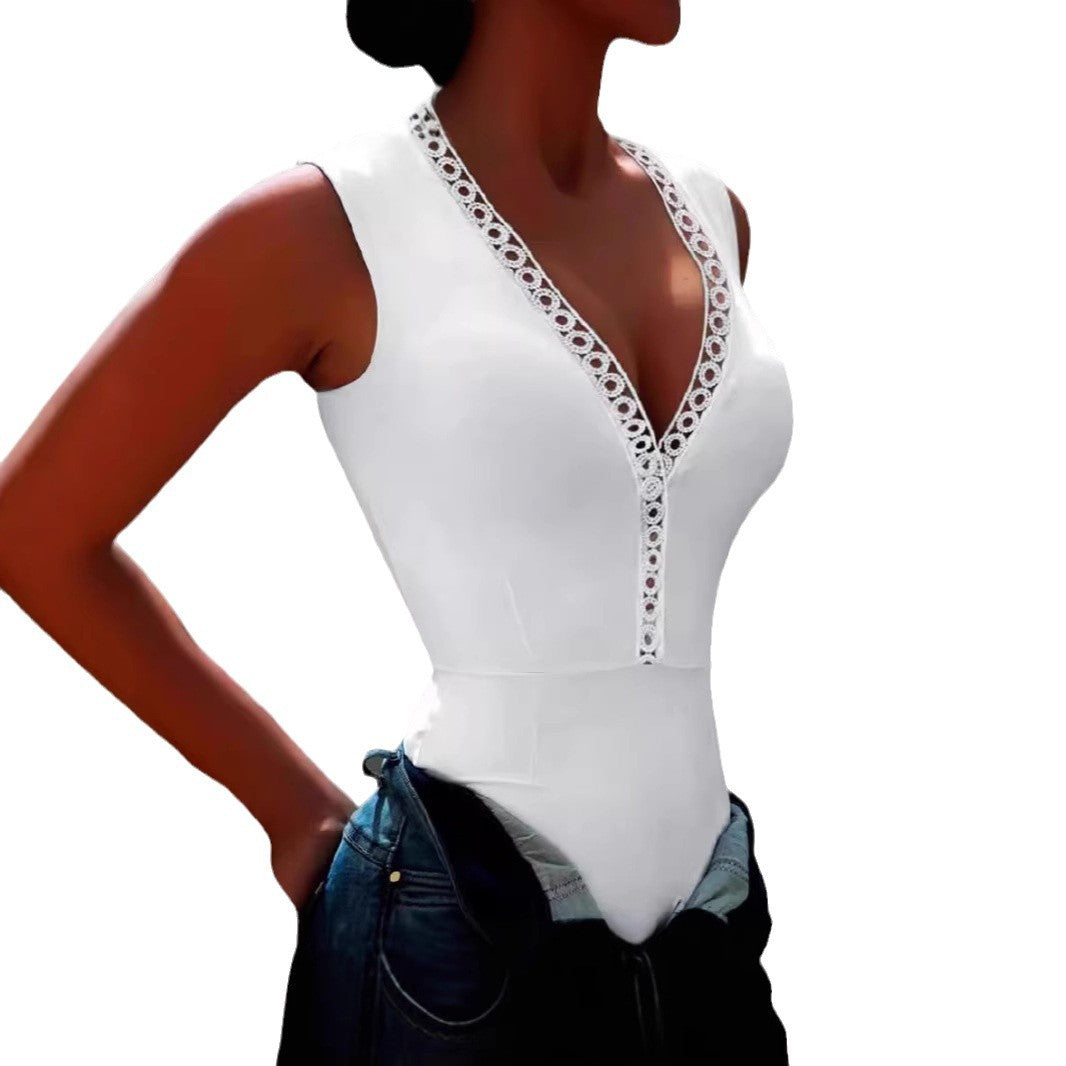 Damen Bodysuit mit dekorativem V-Ausschnitt und Spitzenbesatz EB