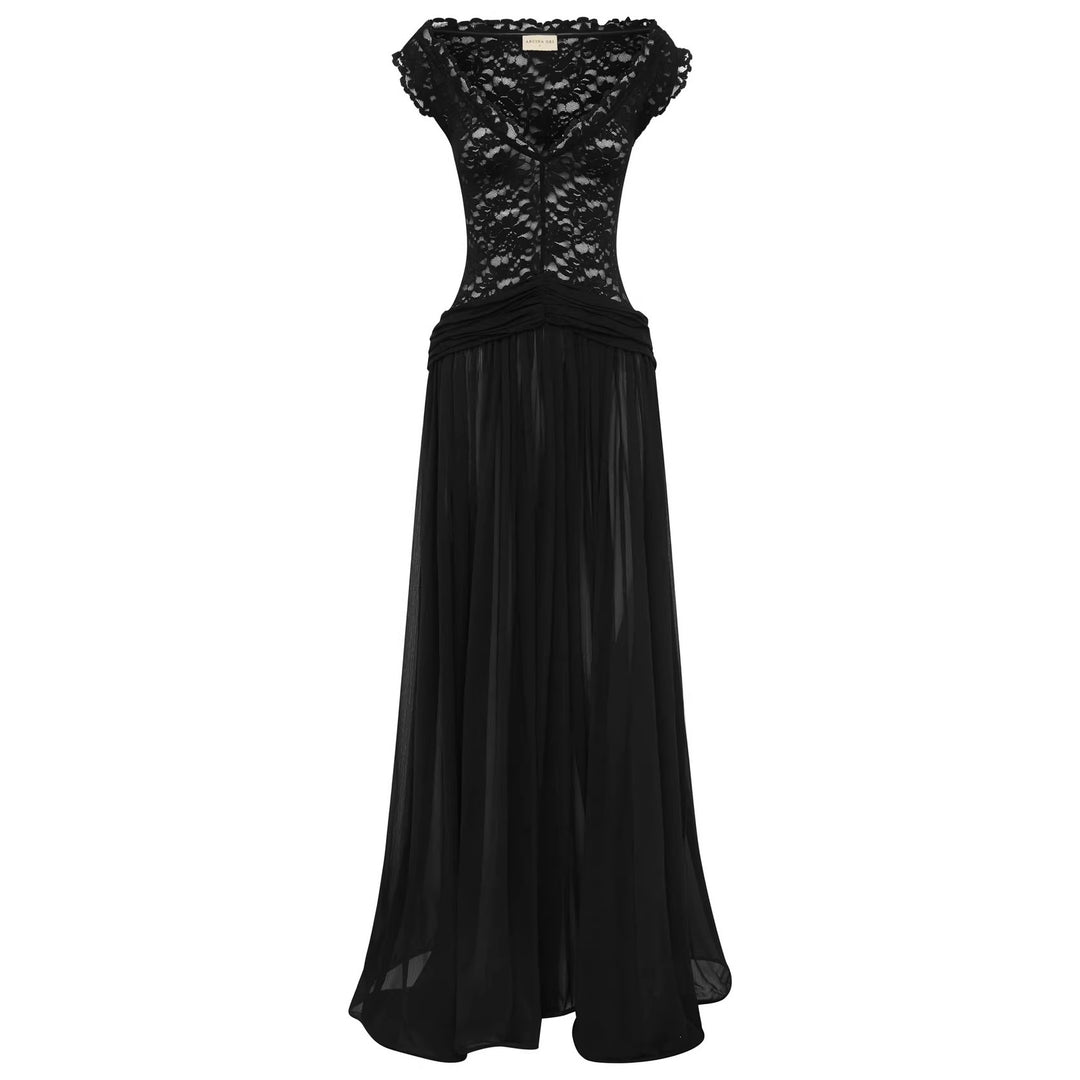 Damen Elegantes Spitzenmaxikleid mit fließendem Rock EB