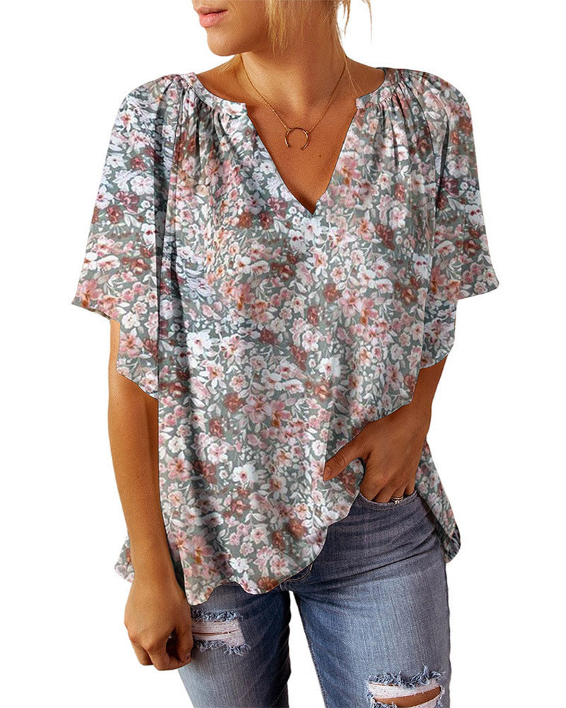 Damen luftiges V-Ausschnitt Blusenshirt mit floralem Muster EB