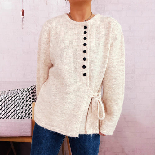 Damen Kuschelige Strickjacke mit elegantem Bindegürtel und modernen Knopfdetails EB