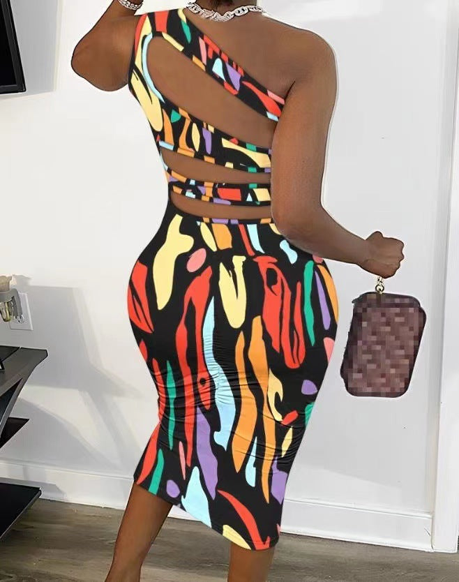 Damen Wickelkleid mit asymmetrischem Träger und buntem Muster EB