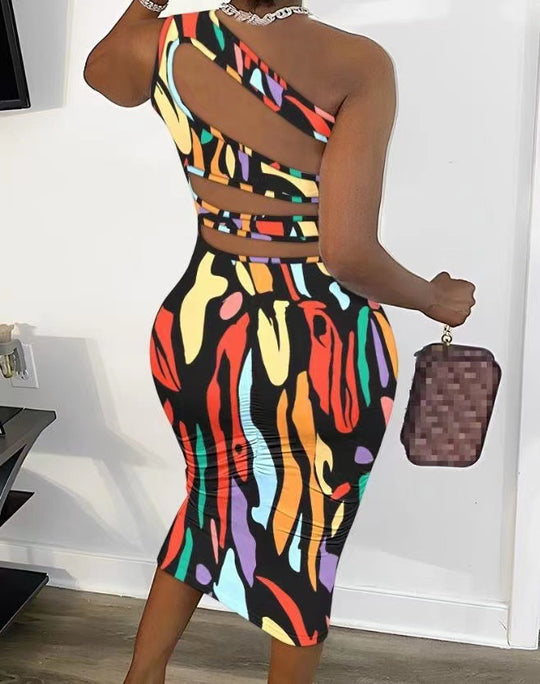Damen Wickelkleid mit asymmetrischem Träger und buntem Muster EB