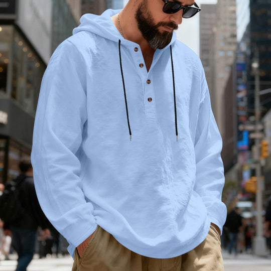Herren nan legeres Henley-Kapuzenhemd mit Knopfleiste, Kordelzug und gerundetem Saum EB