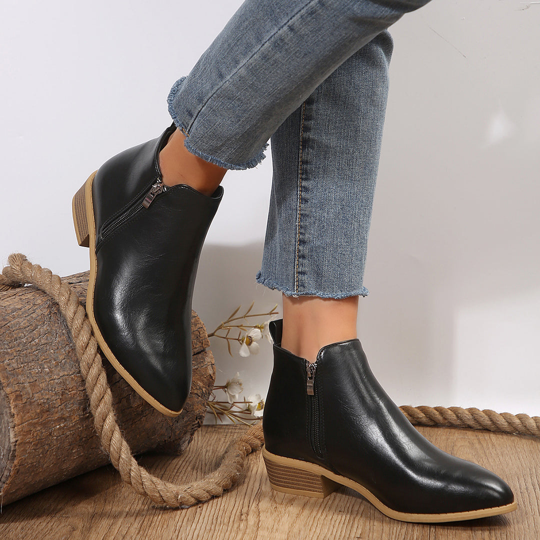 Damen nan schlanke Ankle-Boots mit seitlichem Reißverschluss, schmaler Spitzform und komfortablem Blockabsatz EB