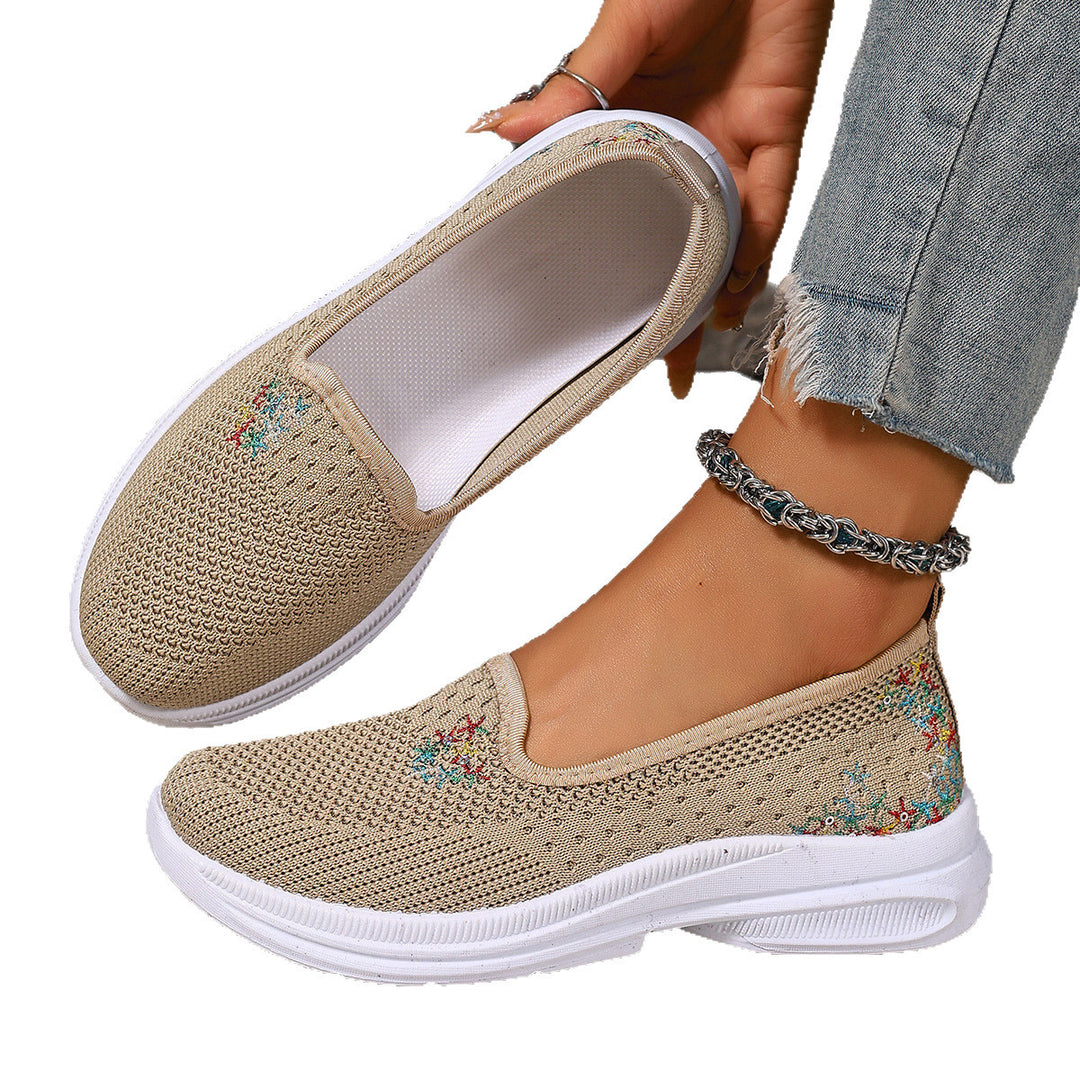 Damen Bequeme Slip-On Schuhe mit atmungsaktiver Strickoberfläche und floralem Muster EB