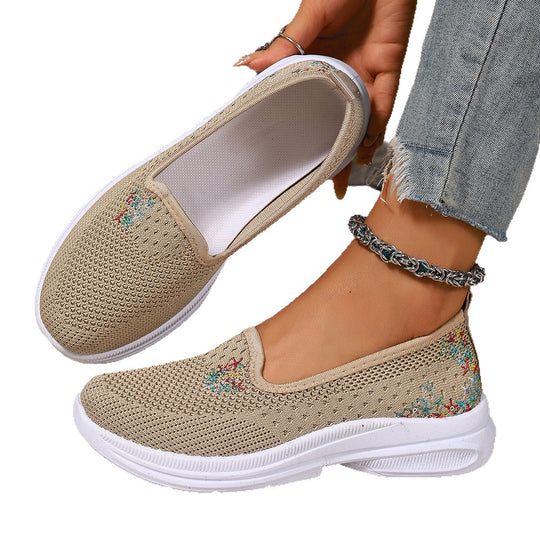 Damen Bequeme Slip-On Schuhe mit atmungsaktiver Strickoberfläche und floralem Muster EB