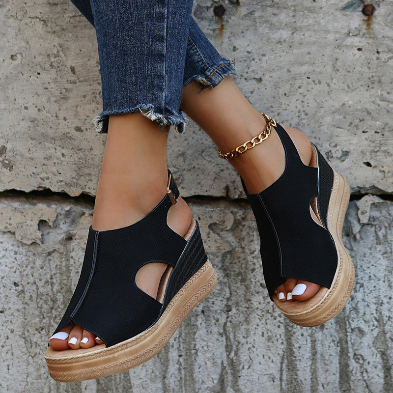 Damen Wedge-Sandalen mit offenem Zehenbereich und eleganter Schnalle EB