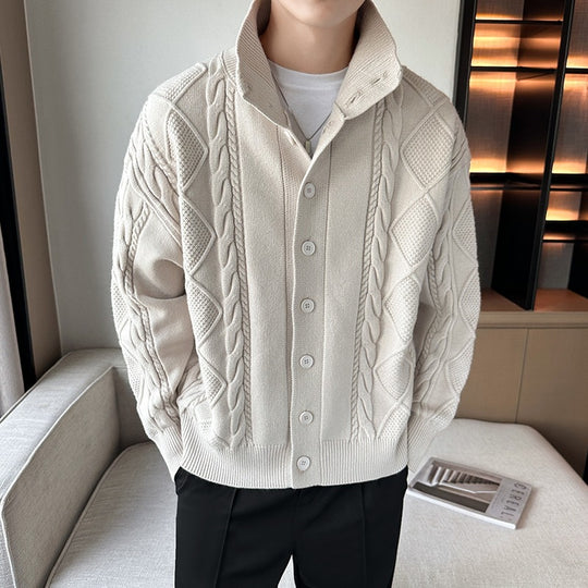 Herren modischer Strickjacke mit Zopfmuster und modernem Kragen EB