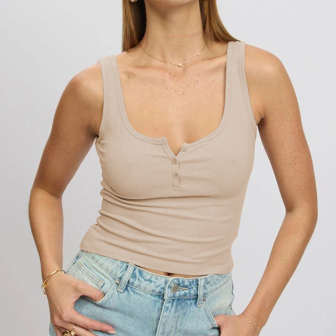 Damen körperbetontes Ripp-Top mit Knopfleiste und weitem Ausschnitt EB