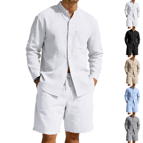 Herren nan sommerliches Leinen-Set mit Stehkragenhemd und Kordelzug-Kurzhose EB