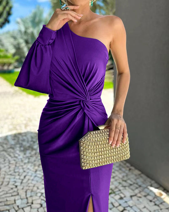 Damen Elegantes Wickelkleid mit asymmetrischem Ausschnitt und seitlichem Schlitz EB