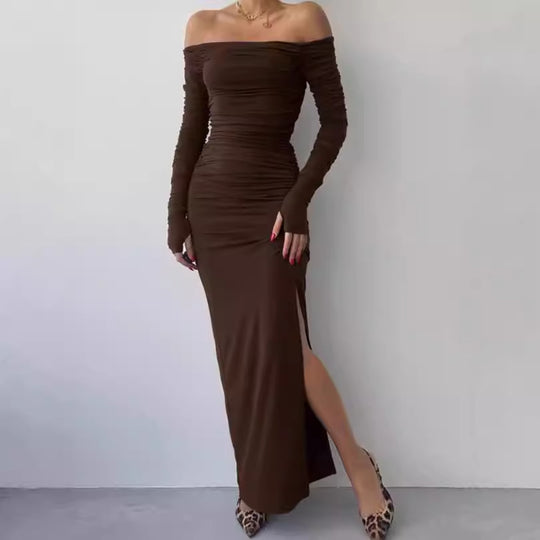 Damen Elegantes Off-Shoulder Maxikleid mit Raffung und langen Ärmeln EB
