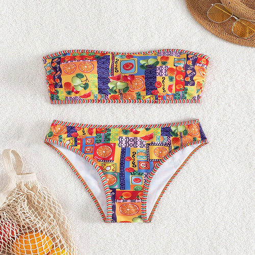 Damen Bandeau-Bikini mit buntem Fruchtmuster EB