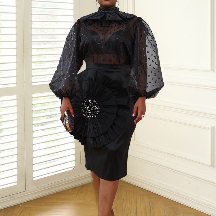 Damen Elegantes Kleid mit transparenten Puffärmeln und Rüschenakzent EB