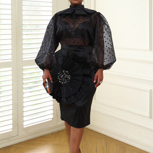 Damen Elegantes Kleid mit transparenten Puffärmeln und Rüschenakzent EB