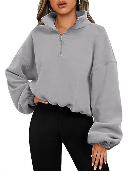 Damen nan kurz geschnittenes Halbzip-Sweatshirt mit hohem Stehkragen, Ballonärmeln und elastischem Saum EB