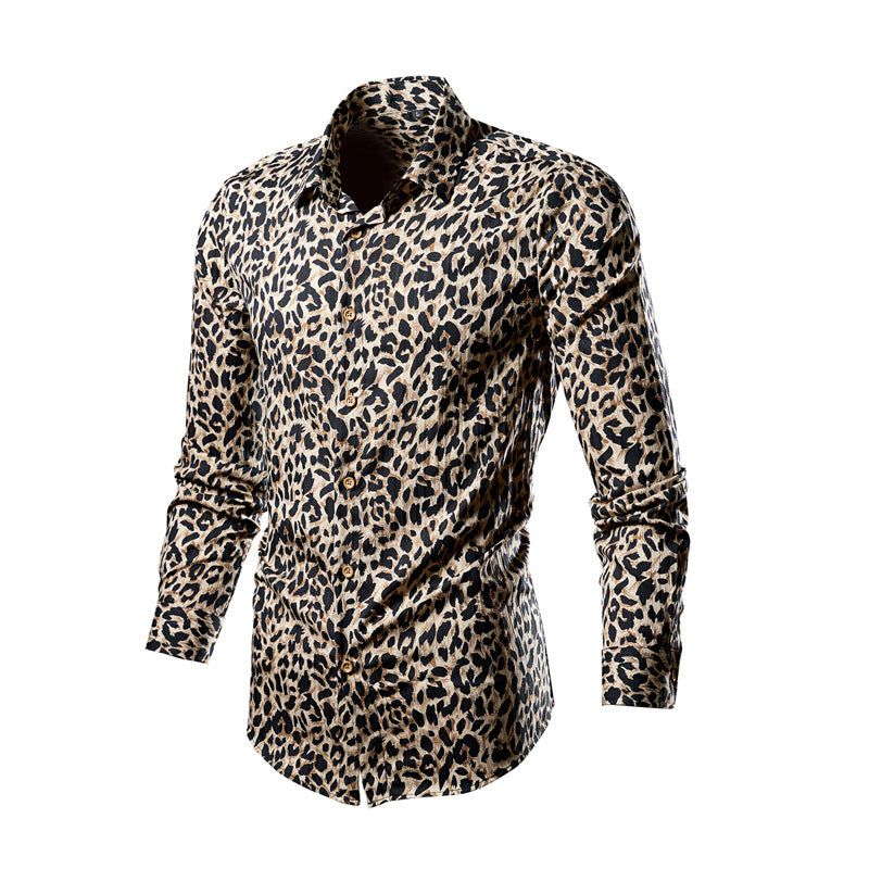 Herren nan tailliertes Langarmhemd mit auffälligem Leoprint, leichter Satinoptik und elastischem Slim Fit EB
