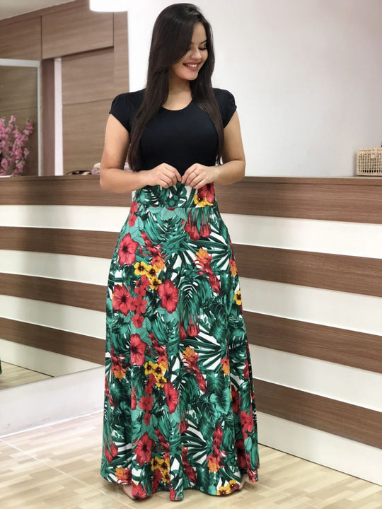 Damen Elegantes Maxikleid mit grafischem Druck und flexiblem Bund EB