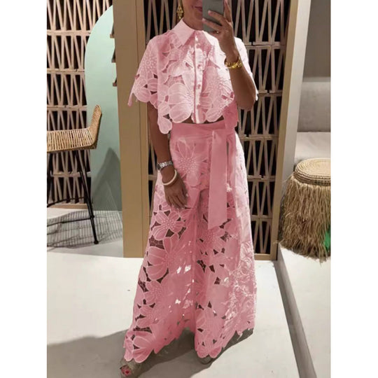 Damen Zweiteiliges Spitzen-Set mit Blumenstickerei und Palazzohose EB