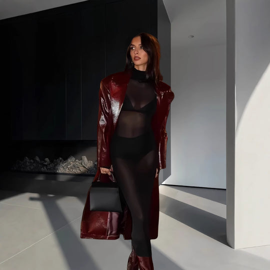 Damen Eleganter und figurbetonter Maxikleid mit transparenten Einsätzen EB