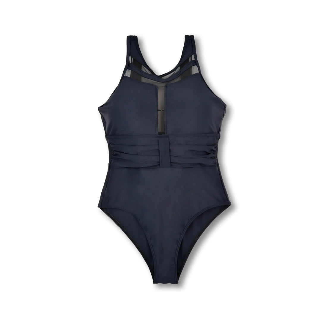 Damen Sportlicher Einteiler Badeanzug mit transparenten Mesh-Details EB