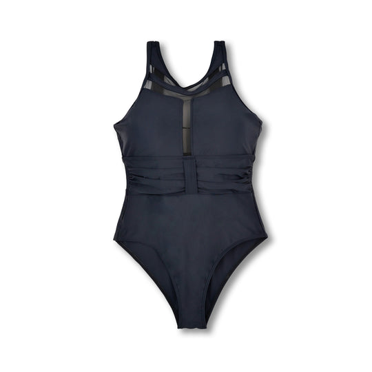 Damen Sportlicher Einteiler Badeanzug mit transparenten Mesh-Details EB