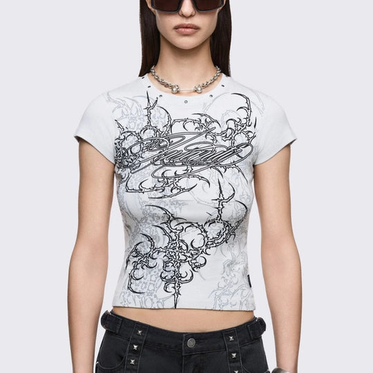 Damen Figurbetontes Kurzarm-T-Shirt mit Grafischem Design EB
