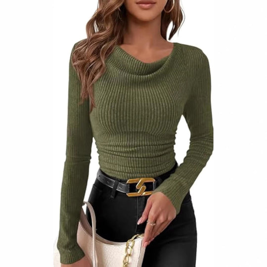 Damen Figurbetontes Feinripp-Longsleeve mit asymmetrischem Wasserfallkragen EB