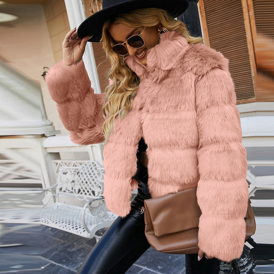 Damen Kurze Kunstpelzjacke mit voluminösen Ärmeln EB