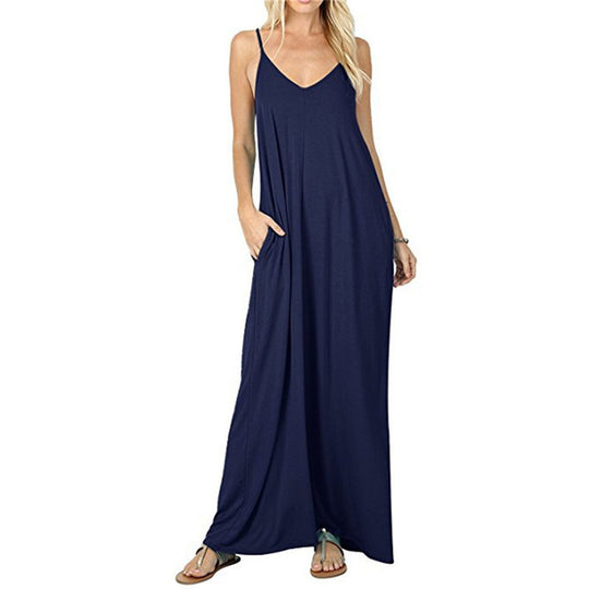 Damen Maxikleid mit spaghettiträgern und praktischen seitlichen Taschen EB