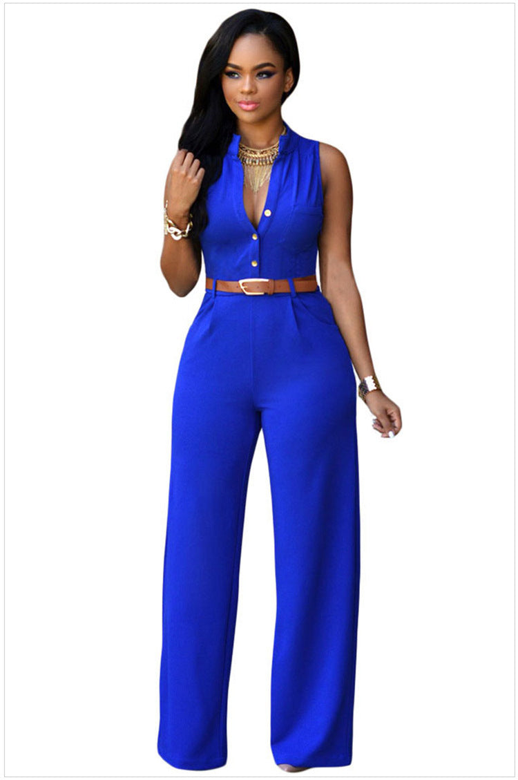 Damen Eleganter Jumpsuit mit Gürtel und Knopfdetail EB