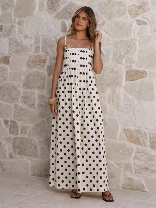 Damen Maxikleid mit verspieltem Punkte-Muster und schulterfreien Trägern EB