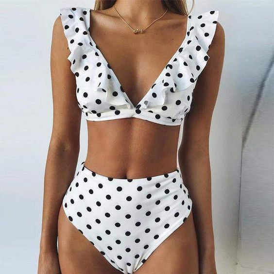 Damen Hoch tailliertes Bikini-Set mit verspielten Rüschen und Pünktchen EB