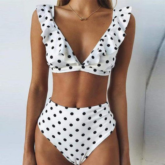 Damen Hoch tailliertes Bikini-Set mit verspielten Rüschen und Pünktchen EB