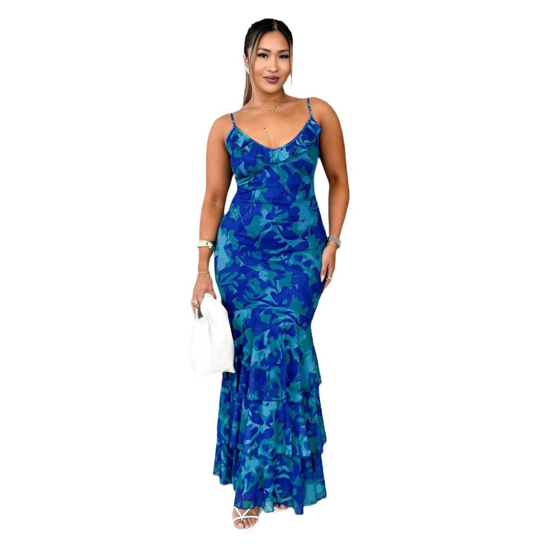 Damen körperbetontes Maxikleid mit Rüschendetails und Spaghettiträgern EB